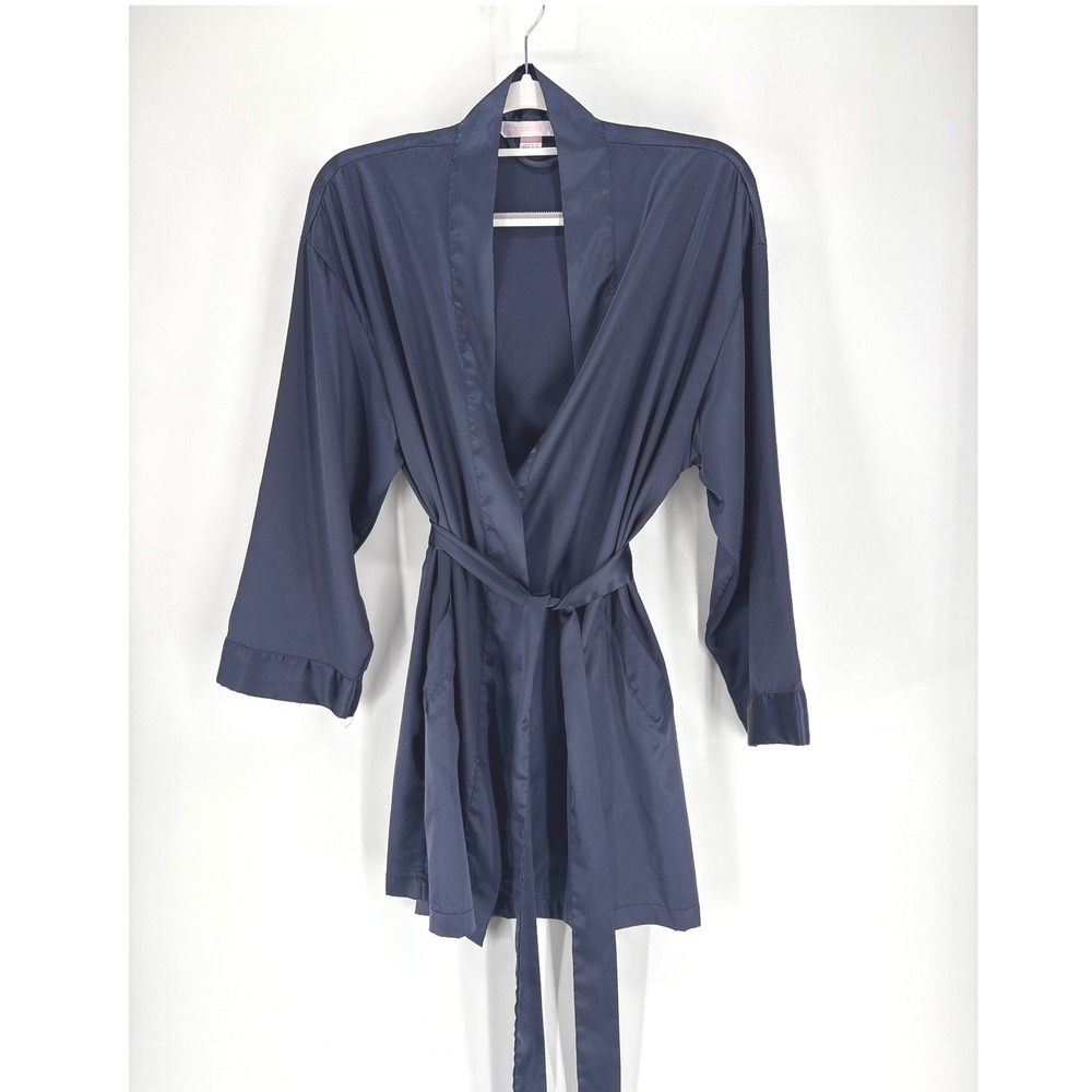 Victoria's Secret Kimono Robe Womens O/S Navy Blue Tie Waist Satin - Picture 1 of 7